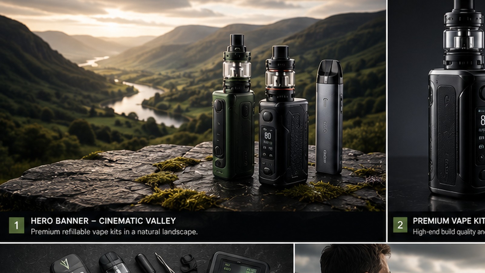 Reusable vape equipment in a valley landscape